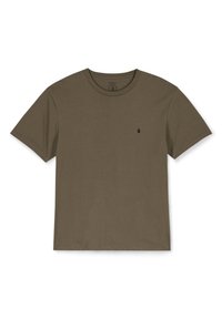 Olive green cotton t-shirt with a crew neck, short sleeves, and a small black logo above the left chest. Smooth texture, classic fit.