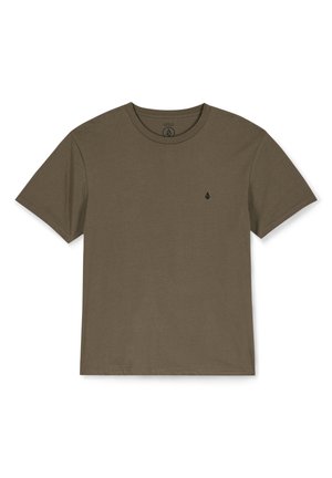 Olive green cotton t-shirt with a crew neck, short sleeves, and a small black logo above the left chest. Smooth texture, classic fit.