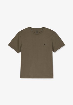 Olive green cotton t-shirt with a crew neck, short sleeves, and a small black logo above the left chest. Smooth texture, classic fit.