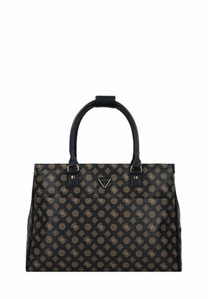 Sac cabas synthétique noir avec motif doré, double poignée supérieure et quincaillerie décorative. Design structuré avec poches extérieures.