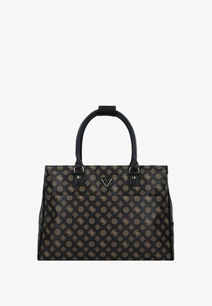 Black synthetic tote bag with golden pattern, dual top handles, and decorative hardware. Structured design with exterior pockets.