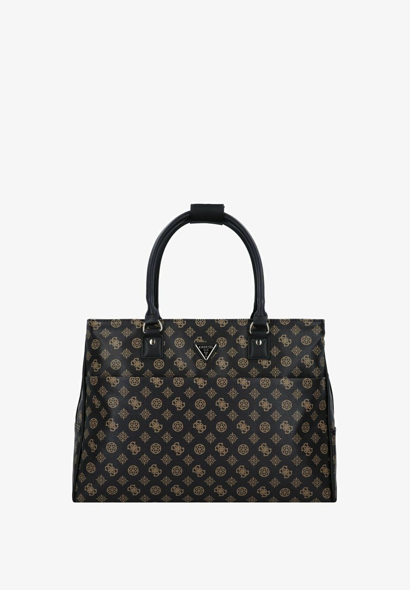 Zwarte synthetische tote bag met gouden patroon, dubbele bovenhandvatten en decoratieve hardware. Gestructureerd ontwerp met buitenzakken.