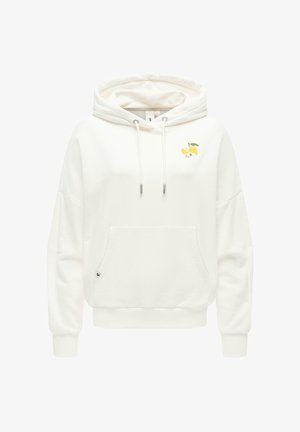 Sweat à capuche blanc avec poche avant, cordons de serrage et petit motif de citron sur le côté gauche de la poitrine.