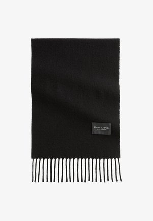Sciarpa di lana nera con estremità sfrangiate e forma rettangolare. Presenta un'etichetta cucita con il nome del marchio in bianco. Tessuto morbido.