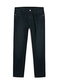 Jean en denim bleu foncé avec une coupe droite, comportant cinq poches, une braguette zippée et une fermeture à un seul bouton en métal. Texture uni sans motifs visibles.