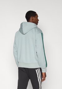 Φωτεινή γαλάζια φούτερ με κουκούλα, με σκούρες πράσινες ρίγες στα πλευρά. Κατασκευασμένο από απαλό ύφασμα, έχει άνετη εφαρμογή και ριμπ μανσέτες.