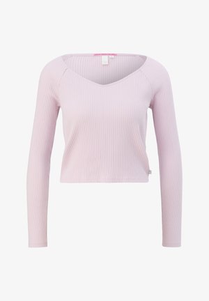 Hellrosa, gerippter Langarm-Crop-Top mit V-Ausschnitt und figurbetontem Design. Mit einem kleinen Logo-Tag an der linken Seite. Weiche Textur.