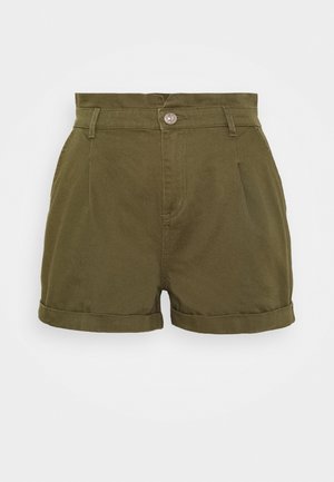 Olive green high-waist shorts with rolled cuffs, front button, zipper closure, side pockets, and belt loops.