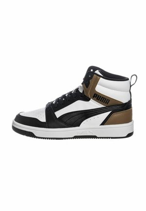 Sneaker alte con una combinazione di colori bianco, nero e oro. Parte superiore in pelle testurizzata, punta perforata e dettagli del logo. La suola in gomma presenta un motivo antiscivolo.
