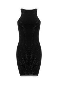 Robe bodycon sans manches noire en tissu tricoté texturé avec un design ajusté et de subtils accents brillants tout au long.
