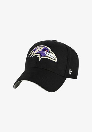 Black baseball cap with Baltimore Ravens logo in purple, white, and gold on front and white '47 branding on side.