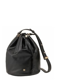 Borsa a secchiello in pelle nera con base rotonda e chiusura con coulisse. Presenta un manico corto e una tracolla lunga e regolabile. Dettaglio del logo dorato.