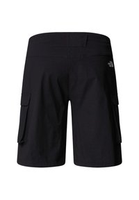 Black cargo shorts featuring side pockets, a flat waistband, and the North Face logo on the back. Made from lightweight fabric.