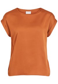 Blouse femme à manches courtes avec col rond, de couleur orange brûlé uni, en tissu lisse.