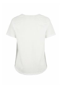 Hvid kortærmet t-shirt med en rund halsudskæring og en glat bomuldsoplevelse; har et rent, minimalistisk design og en buet søm.