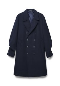 Cappotto doppiopetto in lana navy con ampi risvolti, due tasche laterali, sei bottoni e dettagli in bottone sulle maniche. Fodera in satin morbido.