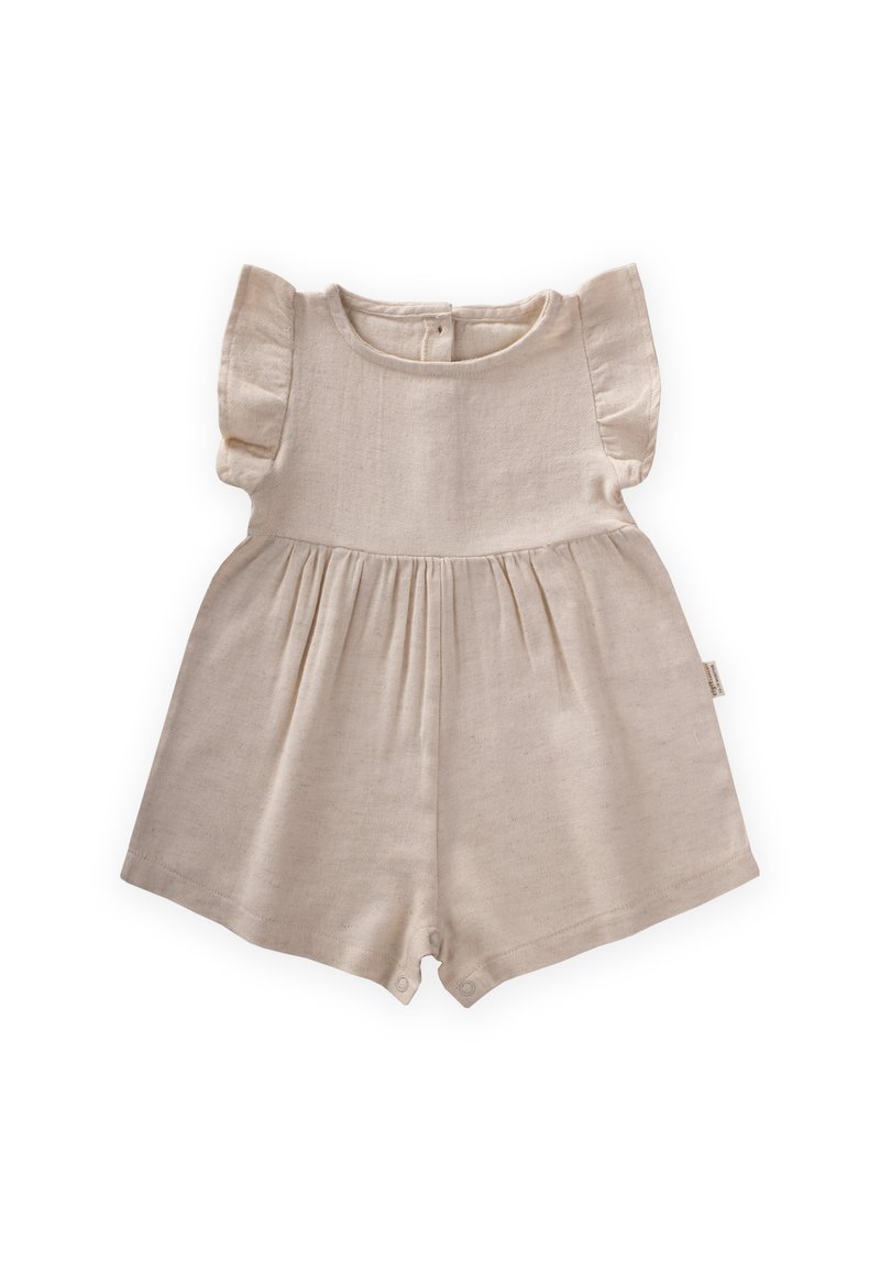 Mono corto beige con mangas acampanadas y cintura fruncida, que cuenta con botones de presión en la parte inferior para un cambio fácil.