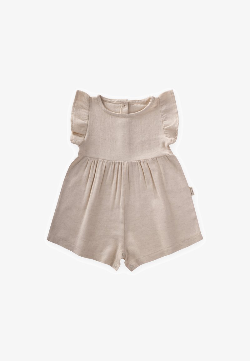 Mono corto beige con mangas acampanadas y cintura fruncida, que cuenta con botones de presión en la parte inferior para un cambio fácil.