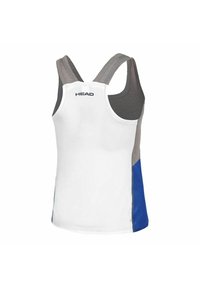 Canotta atletica bianca con spalline grigie e pannello laterale blu. Presenta dettagli cuciti e logo "HEAD" sul fronte. Materiale leggero.