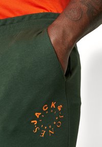 Zielone dżinsowe szorty z miękkiej bawełny z okrągłym pomarańczowym logo z napisem "JACK & JONES" na lewym udzie oraz kieszenią boczną. Gładka tekstura.