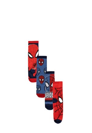 Vier Paar Socken mit Spider-Man-Designs. Die Farben umfassen Rot und Blau. Die Materialien sind gestrickt mit verschiedenen Mustern und Logos.