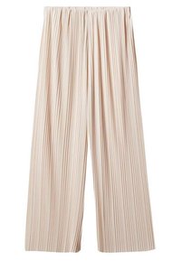 Lichtbeige wijde broek met verticale plooien, voorzien van een elastische tailleband en dunne donkerdere strepen door de stof.