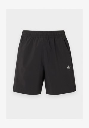 Schwarze elastische Sportshorts mit seitlichen Taschen und kleinem Adidas-Logo am linken Bein.