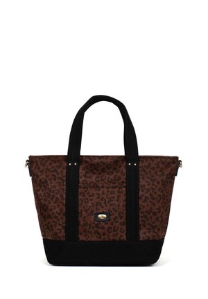 Sac fourre-tout à imprimé léopard marron avec poignées noires, accent en matériel doré, fermeture éclair en haut et fond noir contrastant. Construction en tissu durable.