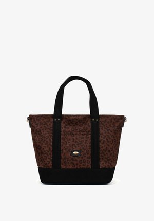 Borsa a spalla con stampa leopardata marrone, manici neri, dettagli in metallo dorato, chiusura con zip e fondo nero a contrasto. Costruzione in tessuto resistente.