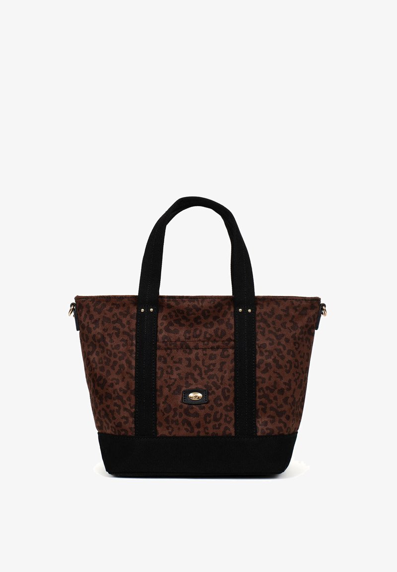 Sac fourre-tout à imprimé léopard marron avec poignées noires, accent en matériel doré, fermeture éclair en haut et fond noir contrastant. Construction en tissu durable.