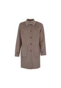 Cappotto di lana marrone con collo, bottoni frontali, due grandi tasche e maniche lunghe, caratterizzato da piccoli dettagli di cucitura.