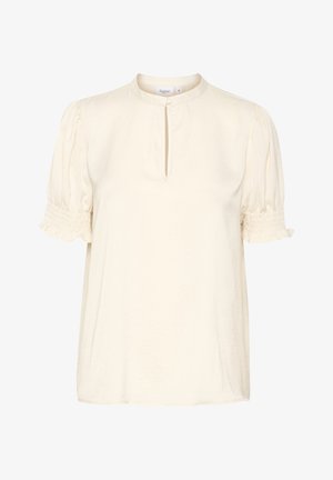 Creme-kleurige blouse met een mandarinnekraag, een keyhole-opening aan de voorkant en gesmokt pofmouwen. Gemaakt van lichte, zachte stof.