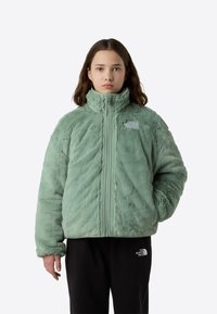 Jakke i imiteret pels i pastelgrøn med høj krave, lynlåslukning og subtile teksturerede mønstre. Bæres over sorte bukser med logo.