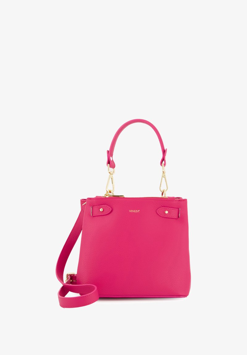 Pink leather handbag with a structured shape, dual top handles, detachable shoulder strap, gold hardware, and stitching detail.