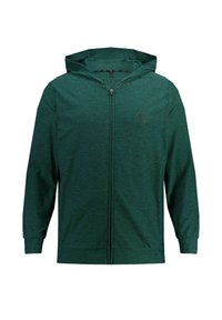 Sudadera con cremallera verde en un tejido texturizado, con capucha, mangas largas y un pequeño logo en la zona del pecho.