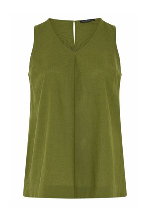 Mouwloos olijfgroen V-hals topje met een kleine sleutelgatopening aan de achterkant en een eenvoudige, gladde stoftextuur.