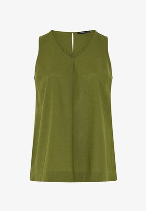 Mouwloos olijfgroen V-hals topje met een kleine sleutelgatopening aan de achterkant en een eenvoudige, gladde stoftextuur.