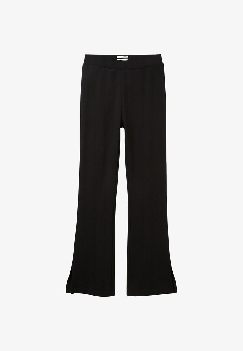 Pantalon noir pour femme avec un léger évasement et de petites fentes latérales à l'ourlet, taille élastique et tissu lisse.