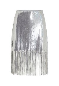 Sølv paljett mini skjørt med frynse detaljer, med en tettsittende silhuett og refleksiv tekstur som glitrer i lyset.