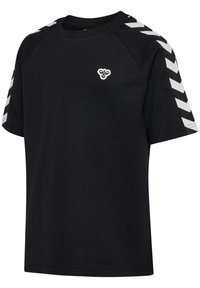 T-shirt nero a maniche corte con scollo rotondo, caratterizzato da strisce a chevron bianche sulle spalle e un piccolo logo sul petto.
