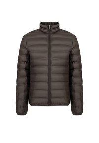 Padded brown jacket with a high collar, full zipper front, and horizontal stitching. Made from smooth, lightweight material.