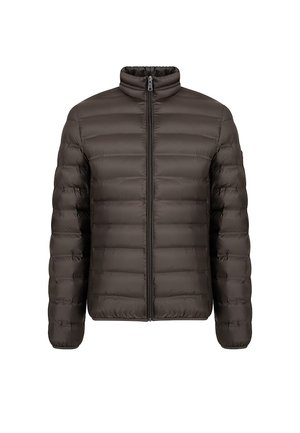 Padded brown jacket with a high collar, full zipper front, and horizontal stitching. Made from smooth, lightweight material.