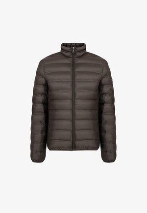 Padded brown jacket with a high collar, full zipper front, and horizontal stitching. Made from smooth, lightweight material.