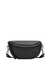 Borsa a spalla in pelle nera con forma curva, chiusura con zip e dettagli in metallo argentato. Caratterizzata da una tracolla rimovibile e un marchio in rilievo.
