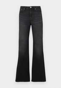 Μαύρο τζιν καμπάνα από denim ύφασμα, με ψηλή μέση, πέντε τσέπες και ελαφριά ξεβάμματα προς το τελείωμα των ποδιών.