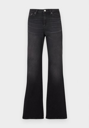 Jean flare noir en tissu denim, avec une taille haute, un design cinq poches, et une légère décoloration vers l'ourlet des jambes.