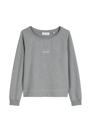 Grauer Sweatshirt mit langen Ärmeln, rundem Halsausschnitt und gerippten Bündchen. Enthält ein kleines, zentriertes Markenlogo auf der Vorderseite. Weicher Stoff.