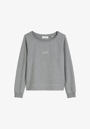 Sivá mikina s dlhými rukávmi, okrúhlym výstrihom a rebrovanými manžetami. Obsahuje malé, stredne umiestnené logo na prednej strane. Mäkko tkanina.