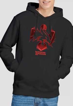 Black hoodie featuring a red dragon graphic and "Dungeons & Dragons" text. Smooth fabric, standard fit, and a kangaroo pocket.