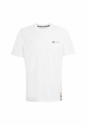 White cotton t-shirt with short sleeves, crew neck, featuring small Adidas and Marvel logos in gray and red colors, smooth texture.